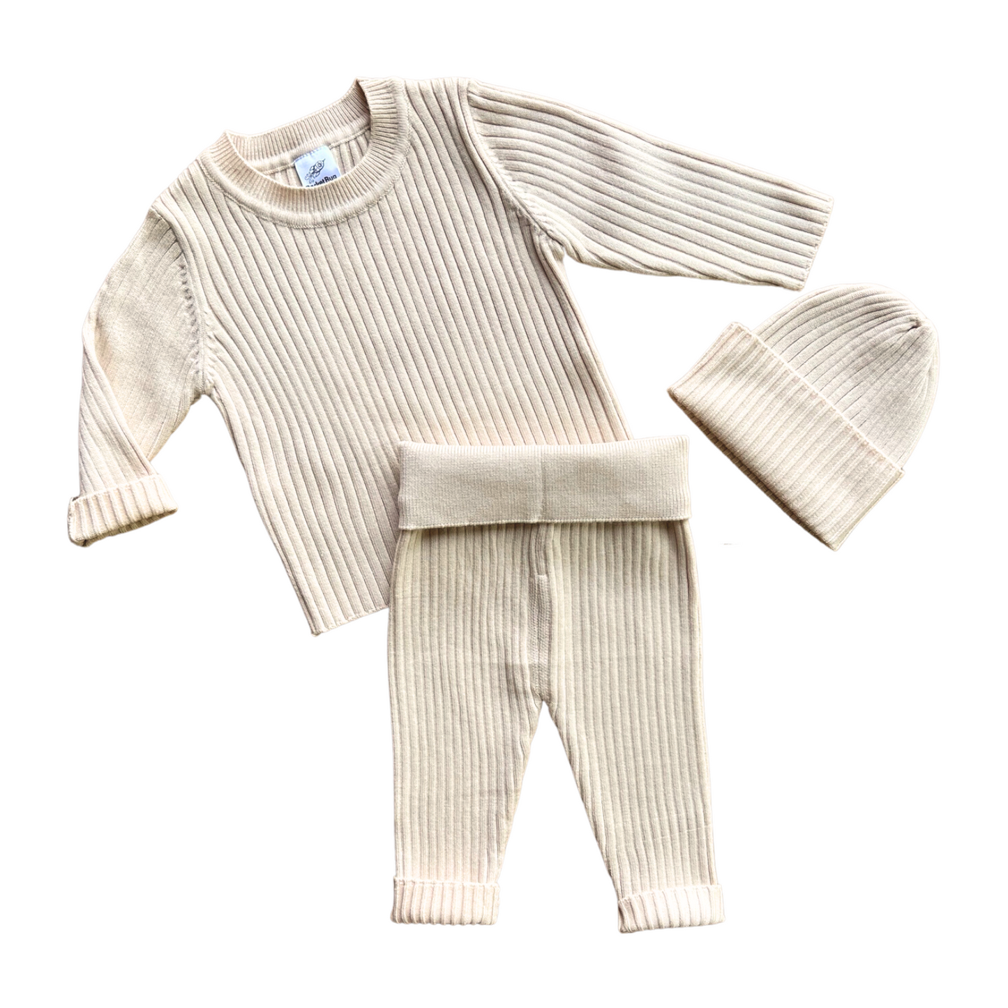 Rocket Bug Soft Knit Baby Set- Matching Long Sleeve Pants, Top, and Hat Set for Boys and Girls Taupe