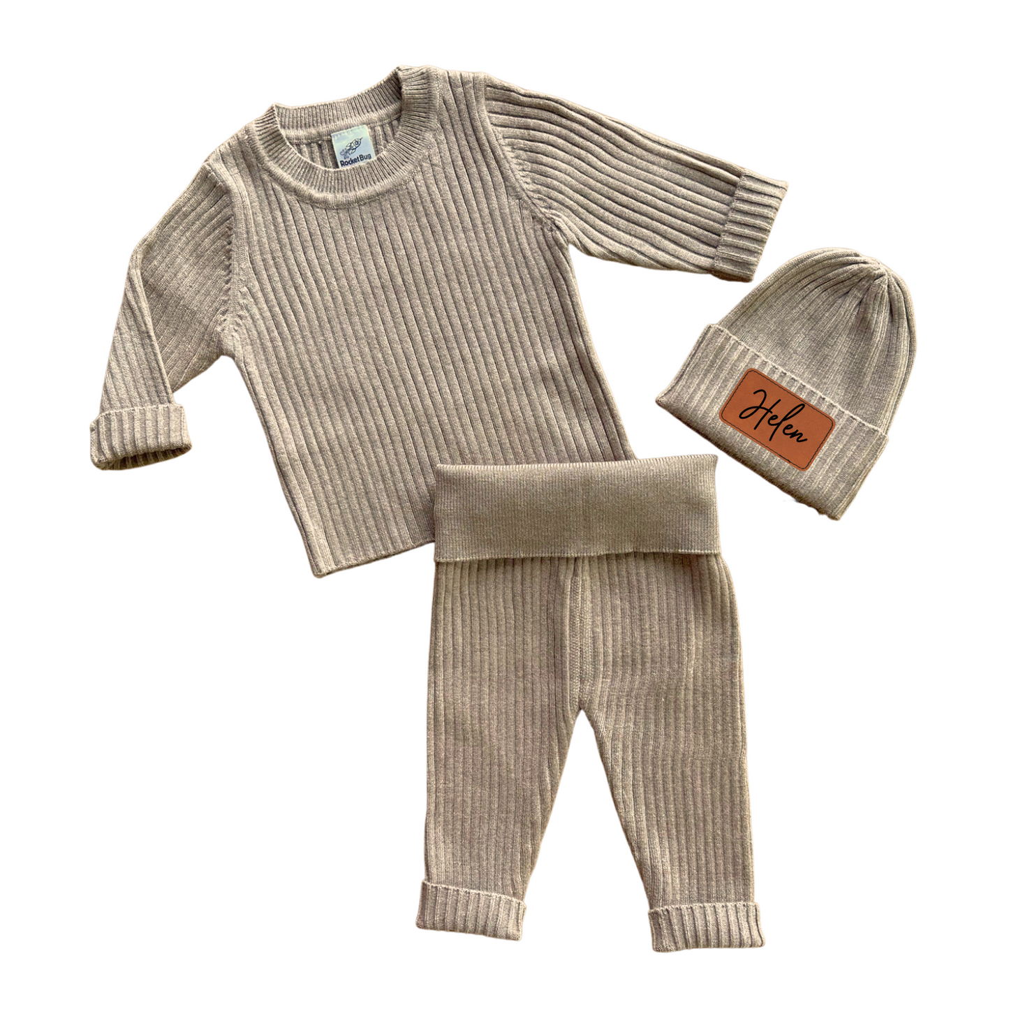 Soft Knit Baby Set with Personalized Vegan Leather Patch