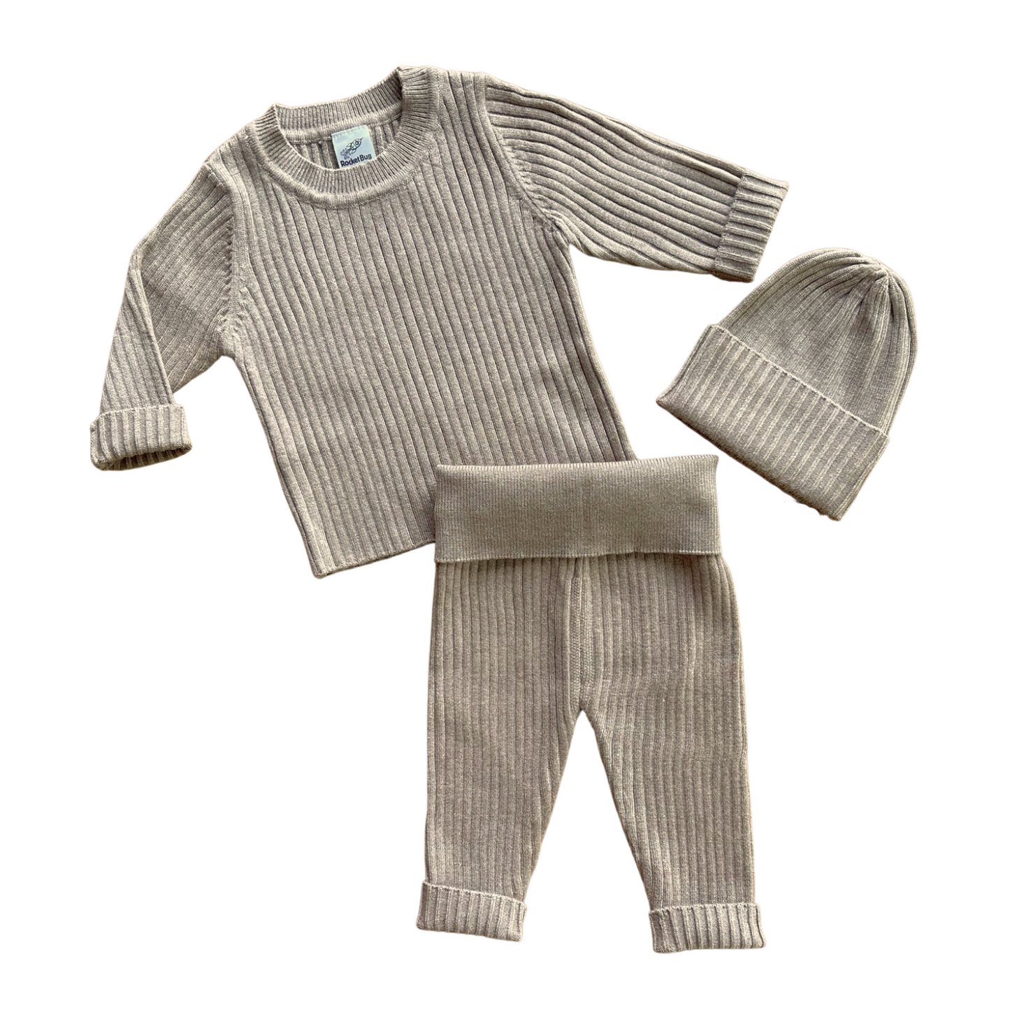 Rocket Bug Soft Knit Baby Set- Matching Long Sleeve Pants, Top, and Hat Set for Boys and Girls Wheat
