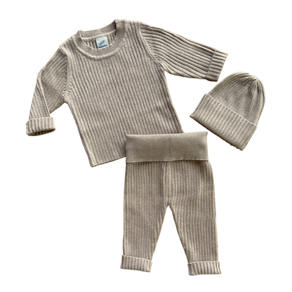 Rocket Bug Soft Knit Baby Set- Matching Long Sleeve Pants, Top, and Hat Set for Boys and Girls Wheat
