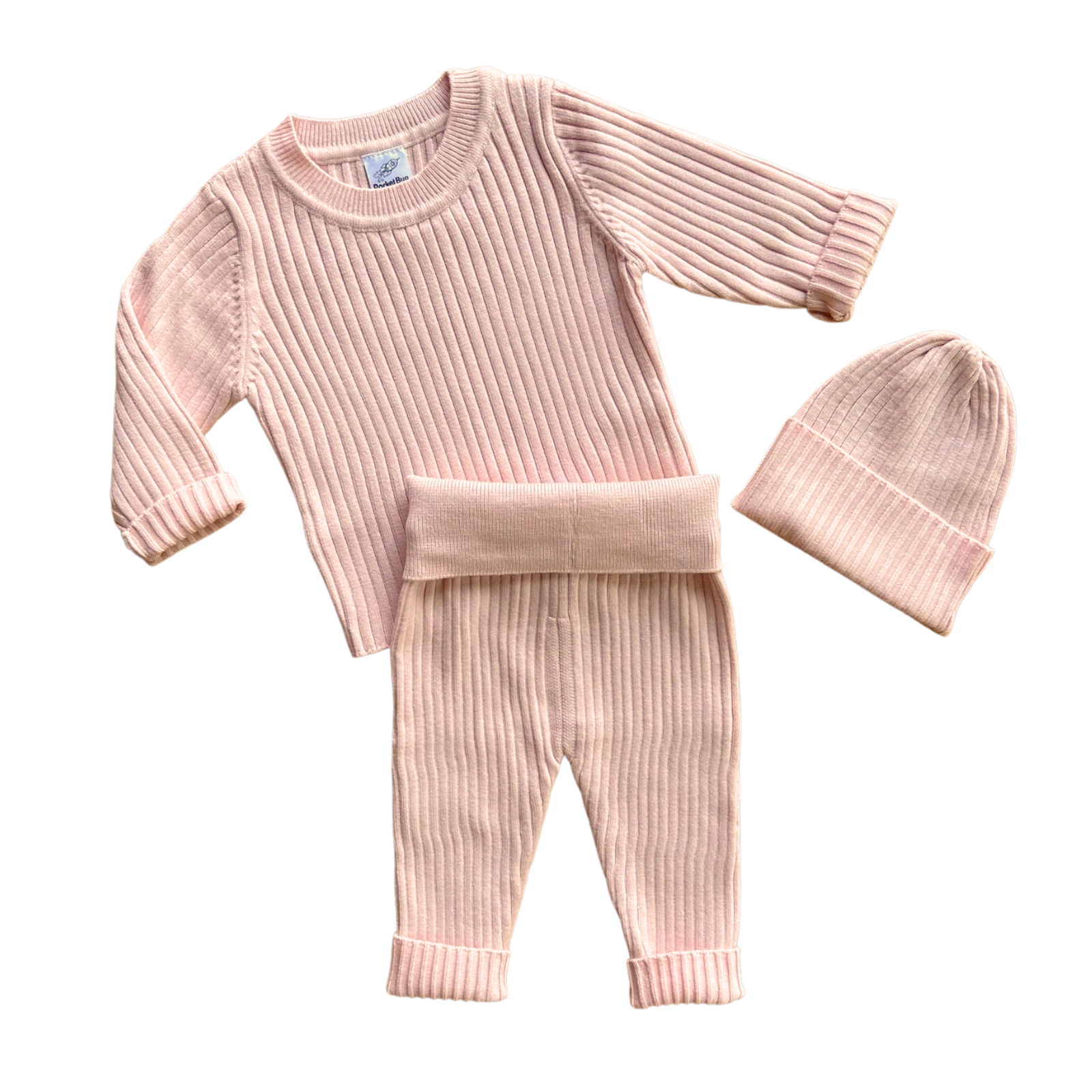 Rocket Bug Soft Knit Baby Set- Matching Long Sleeve Pants, Top, and Hat Set for Boys and Girls Blush