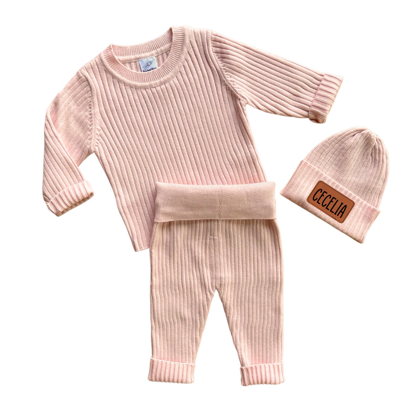 Soft Knit Baby Set with Personalized Vegan Leather Patch