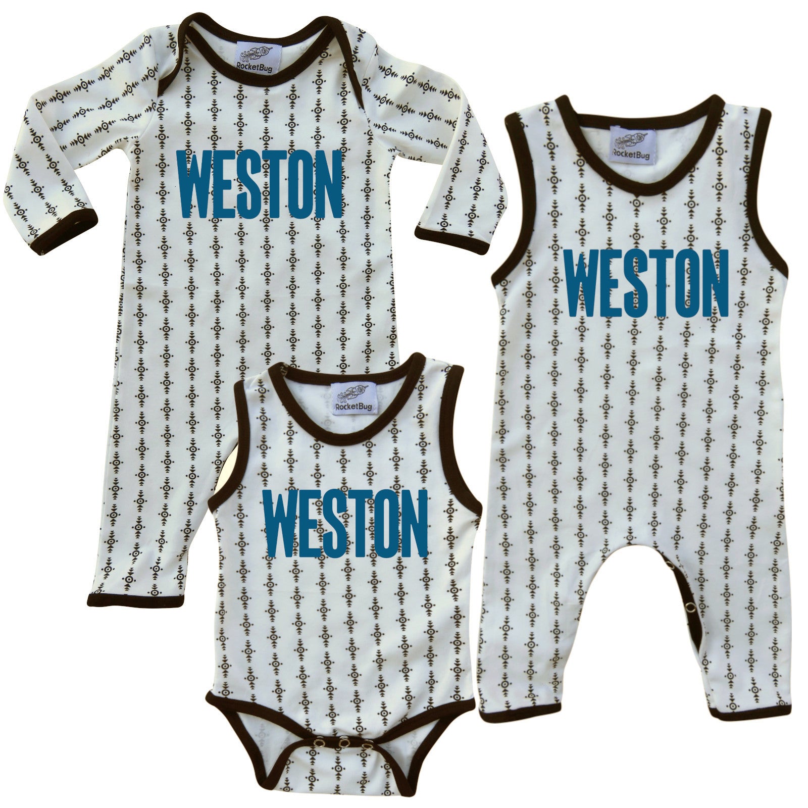 Set of Three PERSONALIZED Aztec Pattern Baby Rompers Dark Turquoise