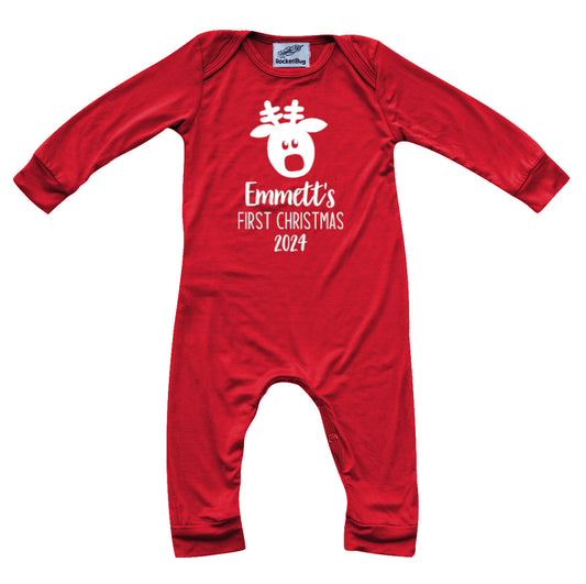 Personalized Rudolph First Christmas Silky Long Sleeve Baby Romper for Boys and Girls