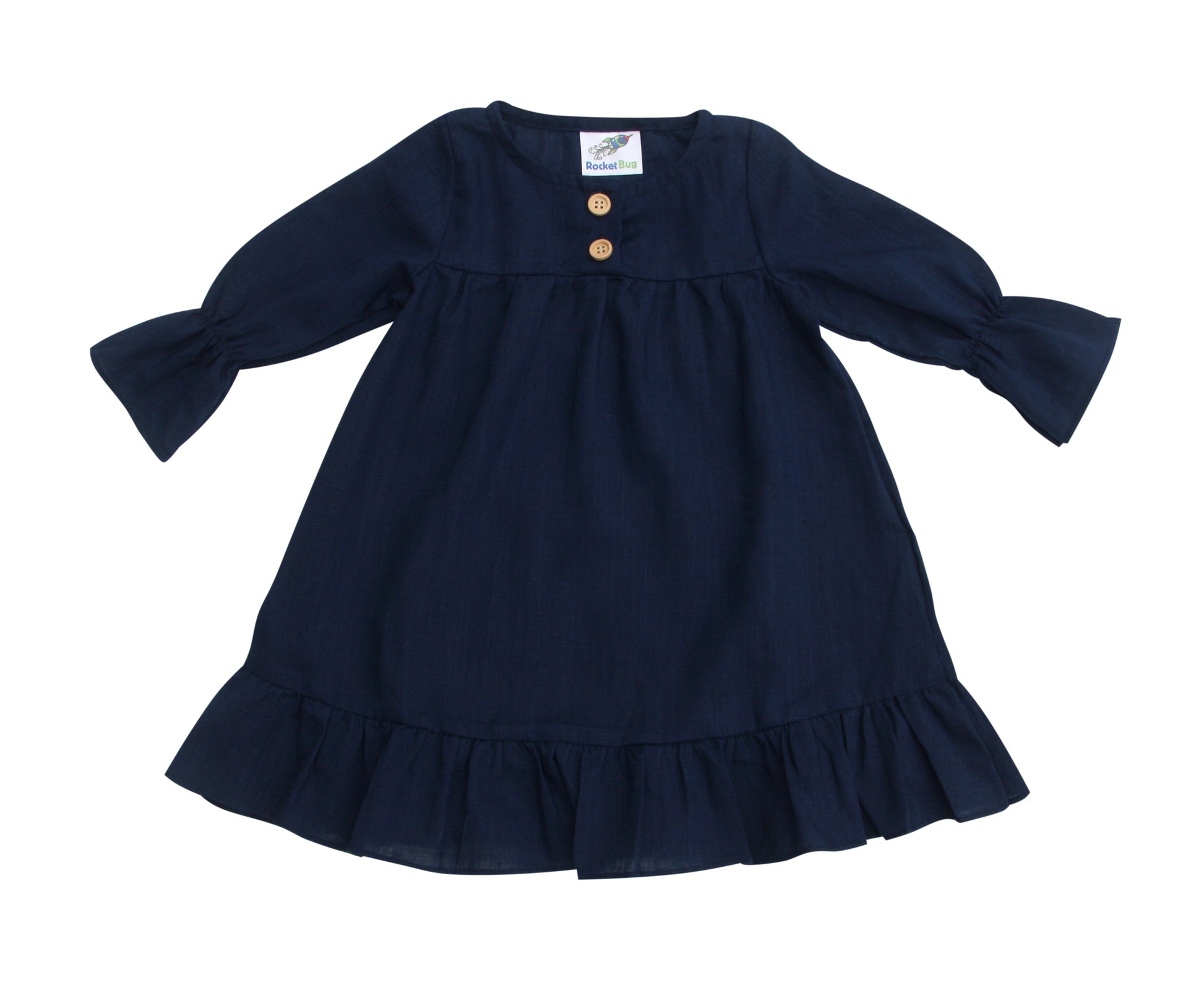 Long Sleeve Pleated Baby, Toddler, and Girls Linen Cotton Dress for Babies, Toddlers, and Kids Indigo Blue