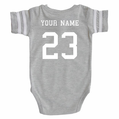 Custom Football Jersey Baby Bodysuit Personalized with Name and Number (Front & Back) Vintage Heather Grey