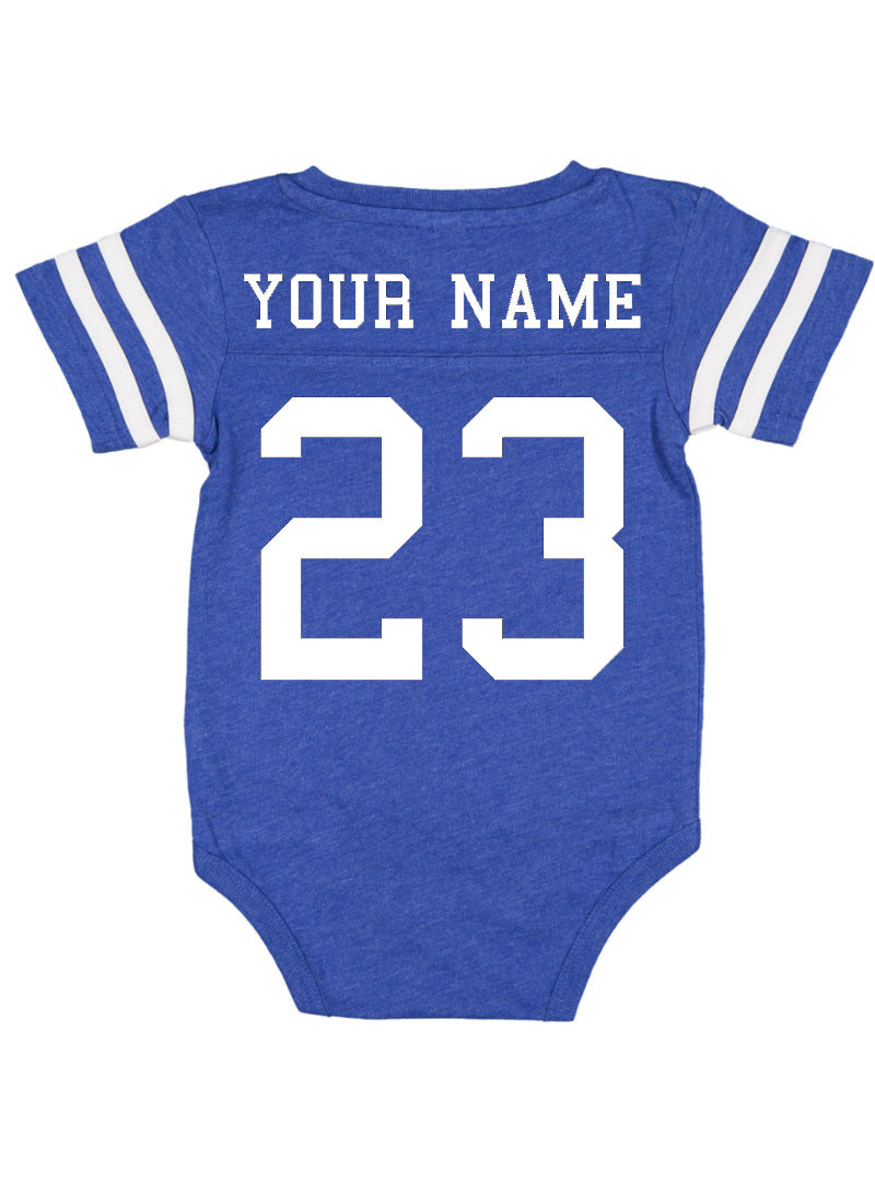 Custom Football Jersey Baby Bodysuit Personalized with Name and Number (Front & Back) Vintage Royal (Blue)
