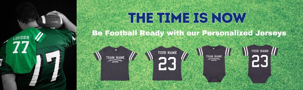 Person holding a football with a green banner featuring personalized jerseys and text.