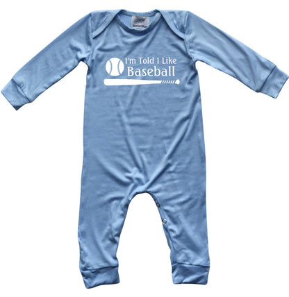 I'm Told I Like Baseball Long Sleeve Romper Silky Light Blue
