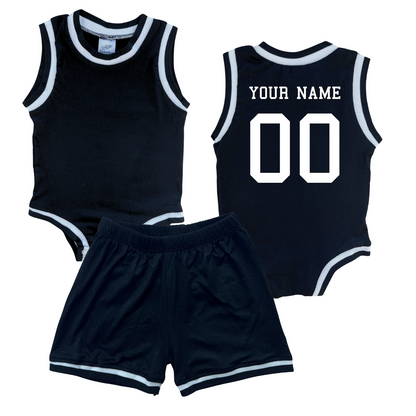 Personalized Basketball Jersey Baby Bodysuit & Matching Shorts with Name & Number on BACK Only Black No Sweatband Set