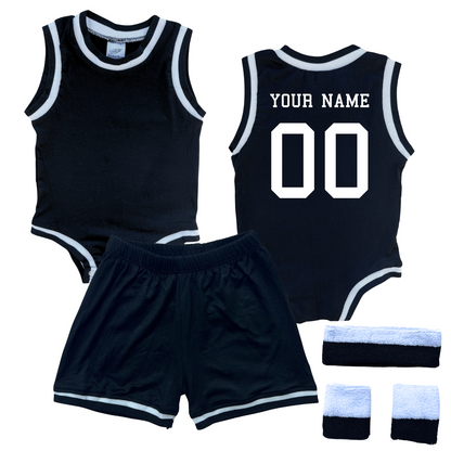 Personalized Basketball Jersey Baby Bodysuit & Matching Shorts with Name & Number on BACK Only Black Yes Include Sweatband Set