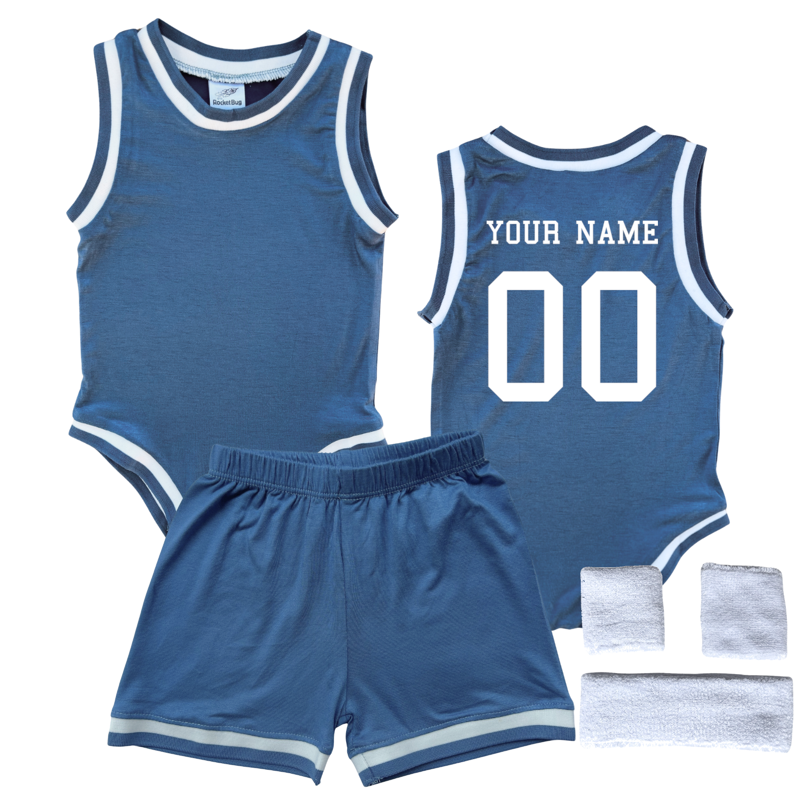 Personalized Basketball Jersey Baby Bodysuit & Matching Shorts with Name & Number on BACK Only Blue Yes Include Sweatband Set