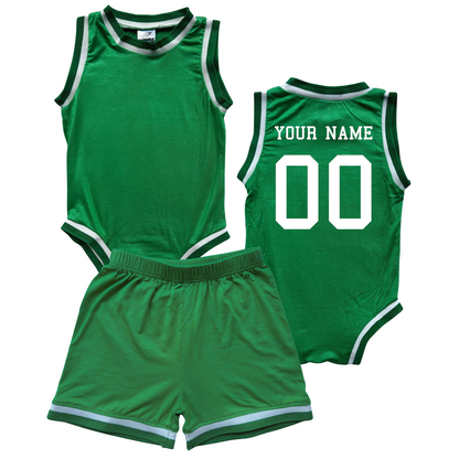 Personalized Basketball Jersey Baby Bodysuit & Matching Shorts with Name & Number on BACK Only Green No Sweatband Set