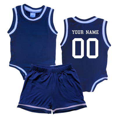 Personalized Basketball Jersey Baby Bodysuit & Matching Shorts with Name & Number on BACK Only Navy No Sweatband Set