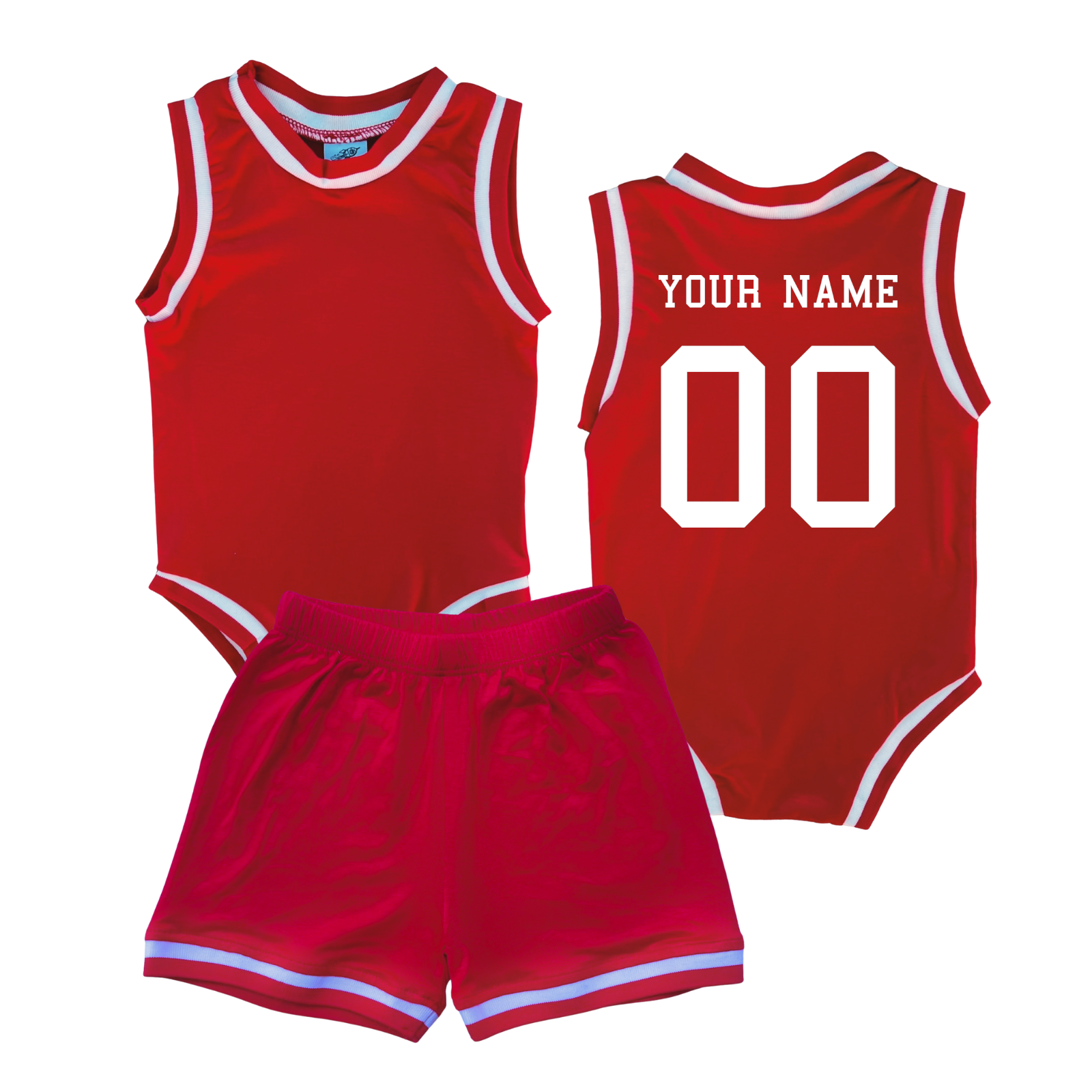 Personalized Basketball Jersey Baby Bodysuit & Matching Shorts with Name & Number on BACK Only Red No Sweatband Set