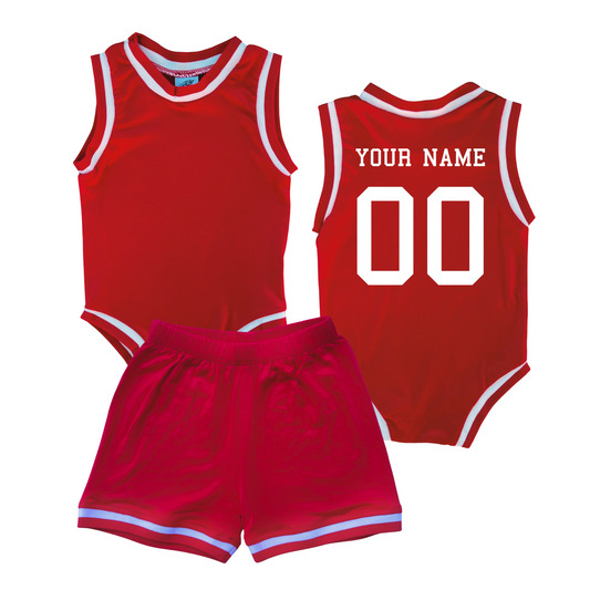 Personalized Basketball Jersey Baby Bodysuit & Matching Shorts with Name & Number on BACK Only Red No Sweatband Set