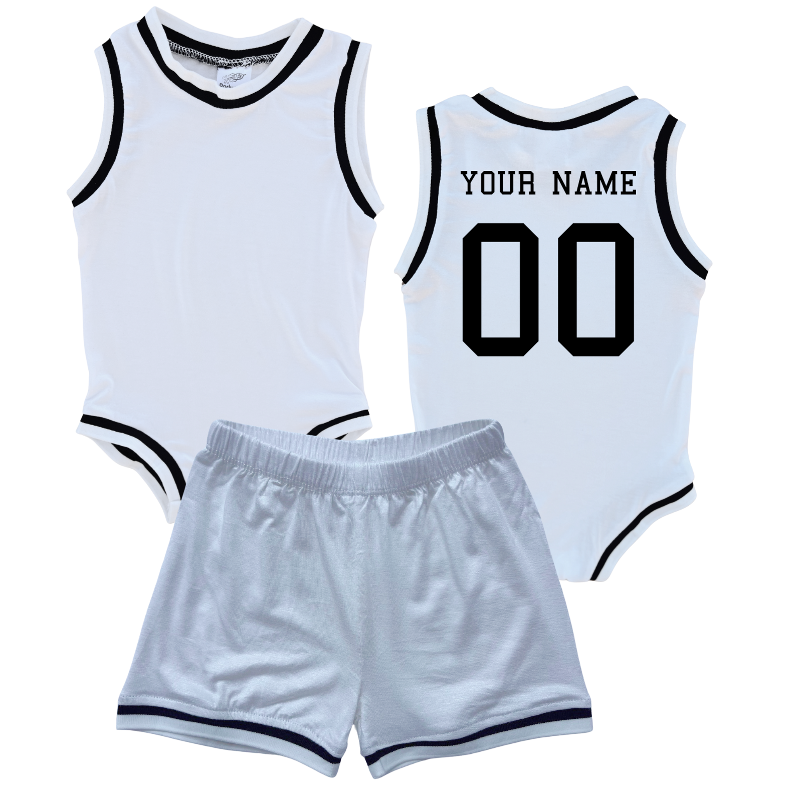 Personalized Basketball Jersey Baby Bodysuit & Matching Shorts with Name & Number on BACK Only White (Black Graphic) No Sweatband Set