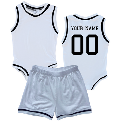 Personalized Basketball Jersey Baby Bodysuit & Matching Shorts with Name & Number on BACK Only White (Black Graphic) No Sweatband Set