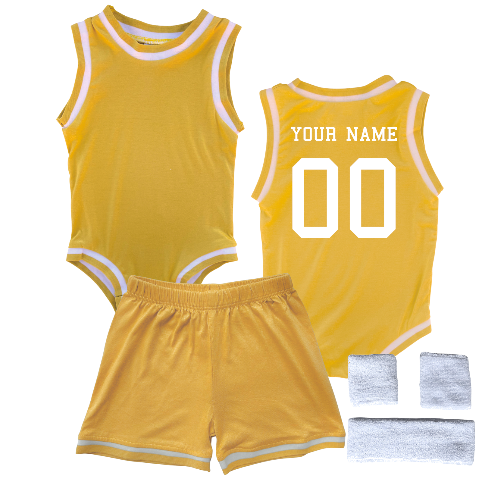 Personalized Basketball Jersey Baby Bodysuit & Matching Shorts with Name & Number on BACK Only Gold Yes Include Sweatband Set