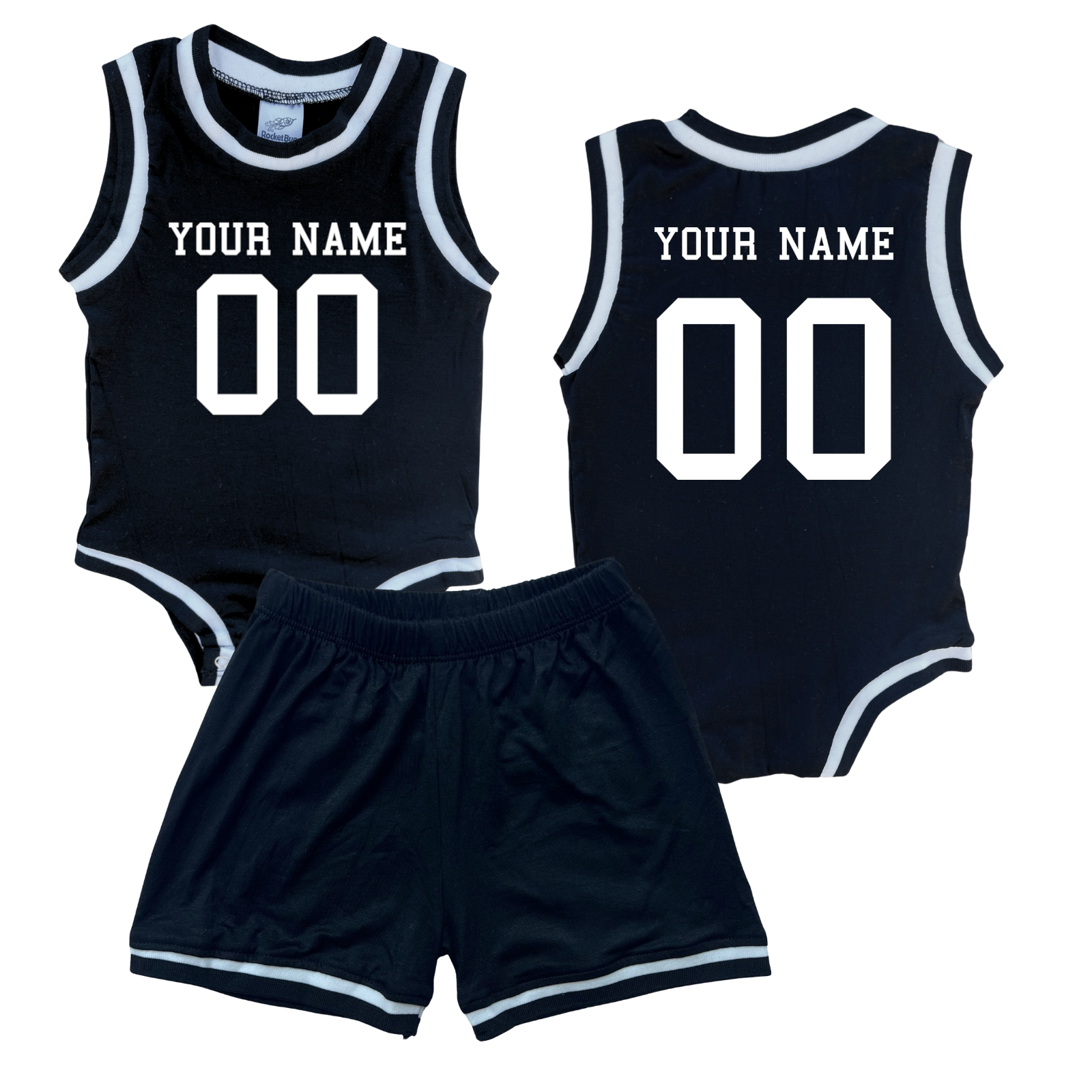 Personalized Basketball Jersey Baby Bodysuit & Matching Shorts with Name & Number on Front & Back Black No Sweatband Set