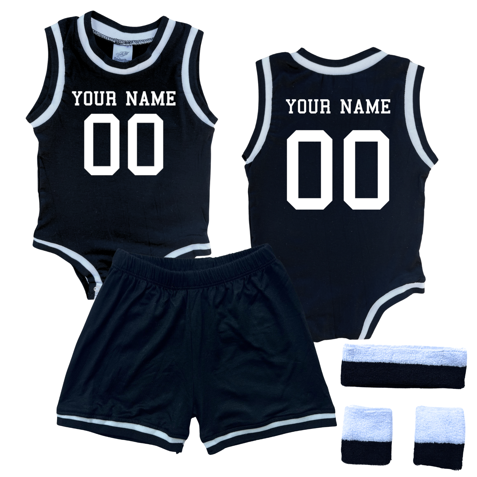 Personalized Basketball Jersey Baby Bodysuit & Matching Shorts with Name & Number on Front & Back Black Yes Include Sweatband Set