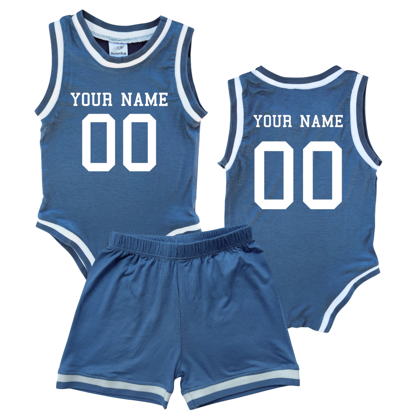 Personalized Basketball Jersey Baby Bodysuit & Matching Shorts with Name & Number on Front & Back Blue No Sweatband Set