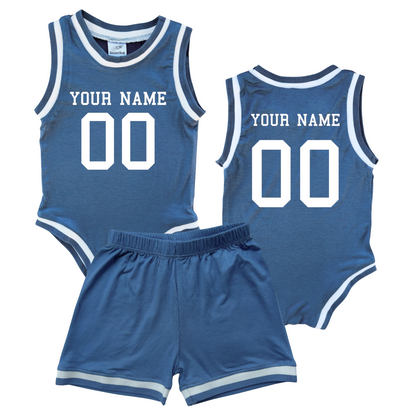 Personalized Basketball Jersey Baby Bodysuit & Matching Shorts with Name & Number on Front & Back Blue No Sweatband Set