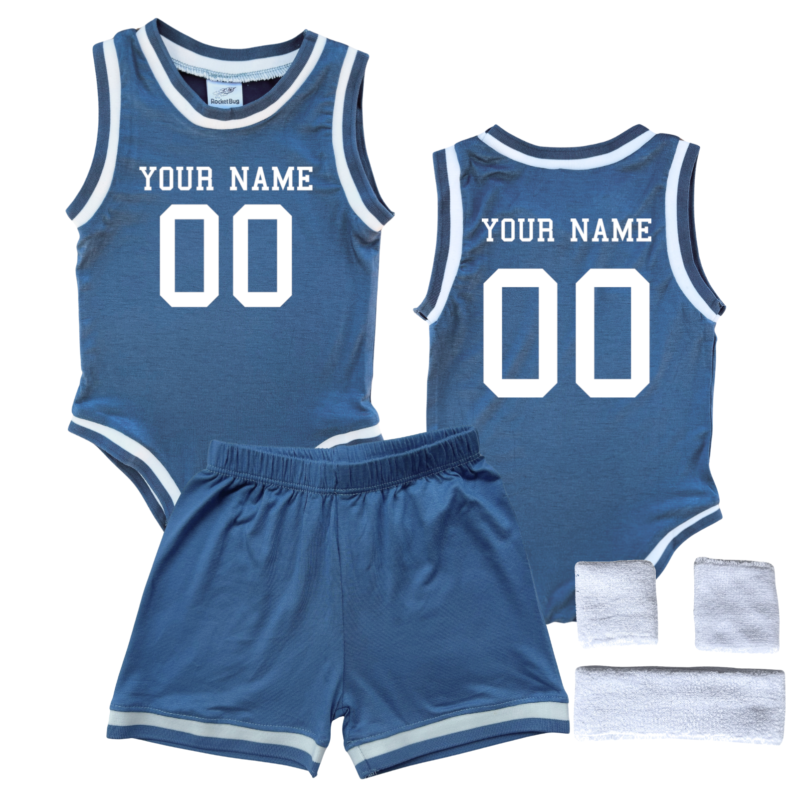 Personalized Basketball Jersey Baby Bodysuit & Matching Shorts with Name & Number on Front & Back Blue Yes Include Sweatband Set