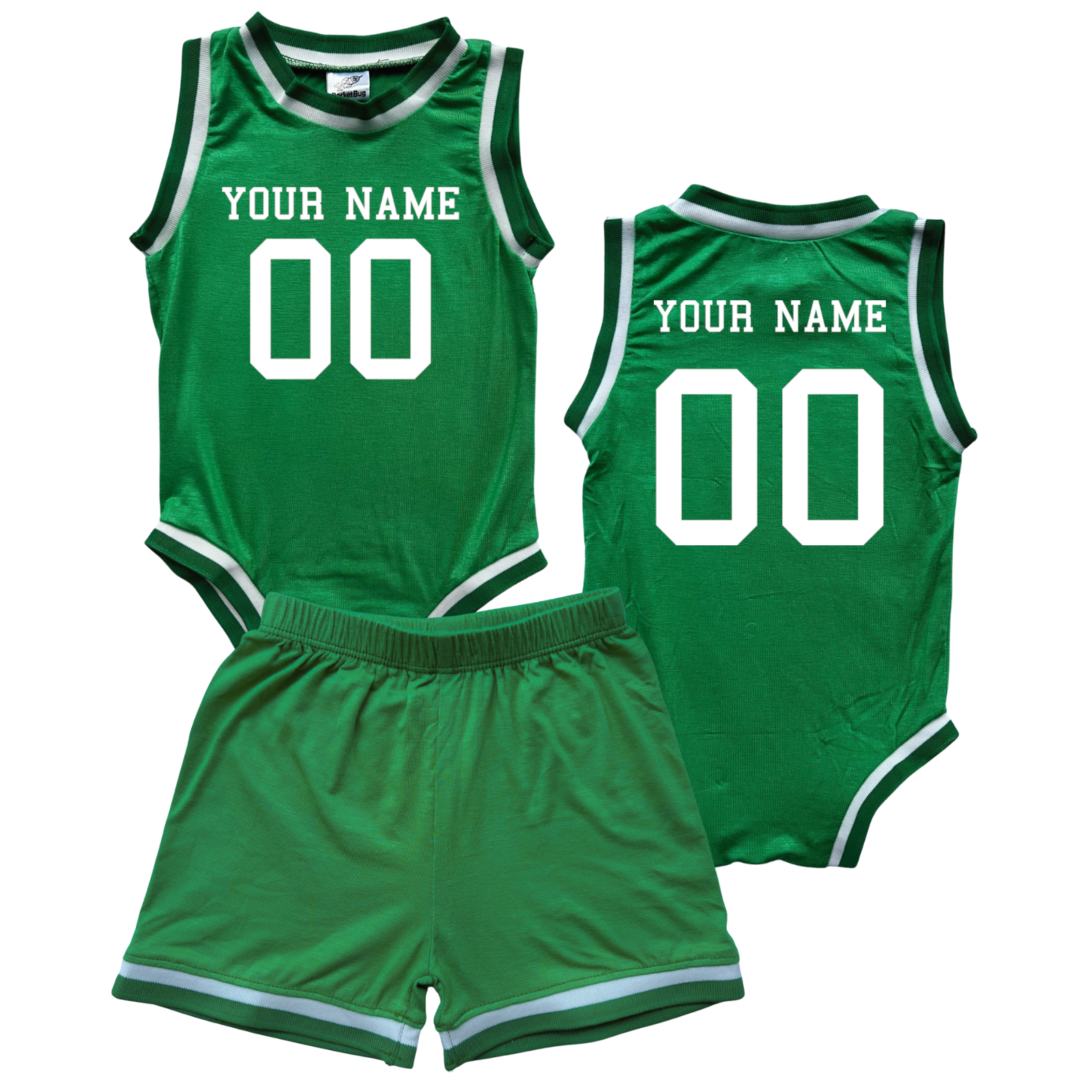 Personalized Basketball Jersey Baby Bodysuit & Matching Shorts with Name & Number on Front & Back Green No Sweatband Set