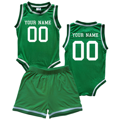 Personalized Basketball Jersey Baby Bodysuit & Matching Shorts with Name & Number on Front & Back Green No Sweatband Set