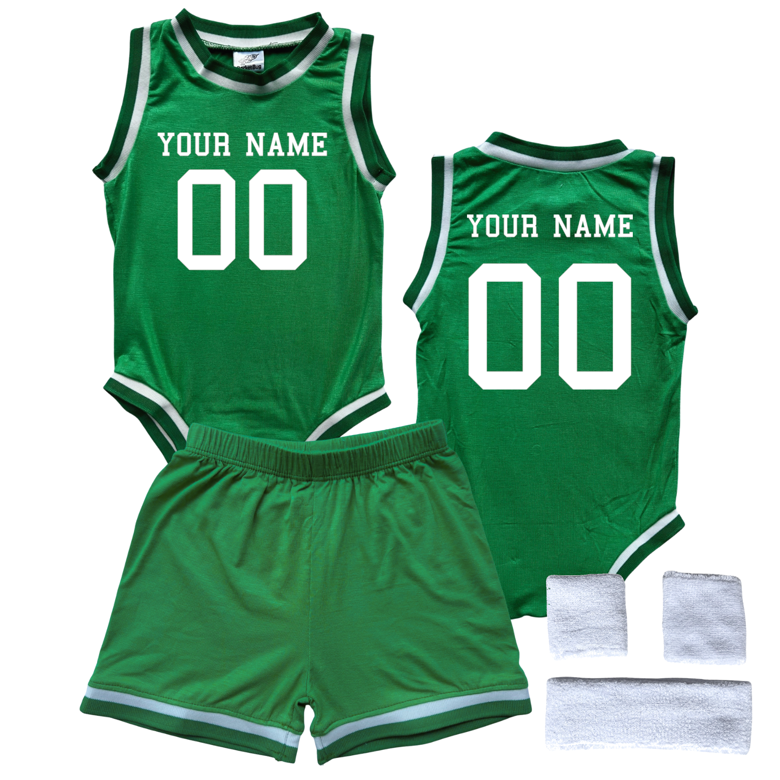 Personalized Basketball Jersey Baby Bodysuit & Matching Shorts with Name & Number on Front & Back Green Yes Include Sweatband Set