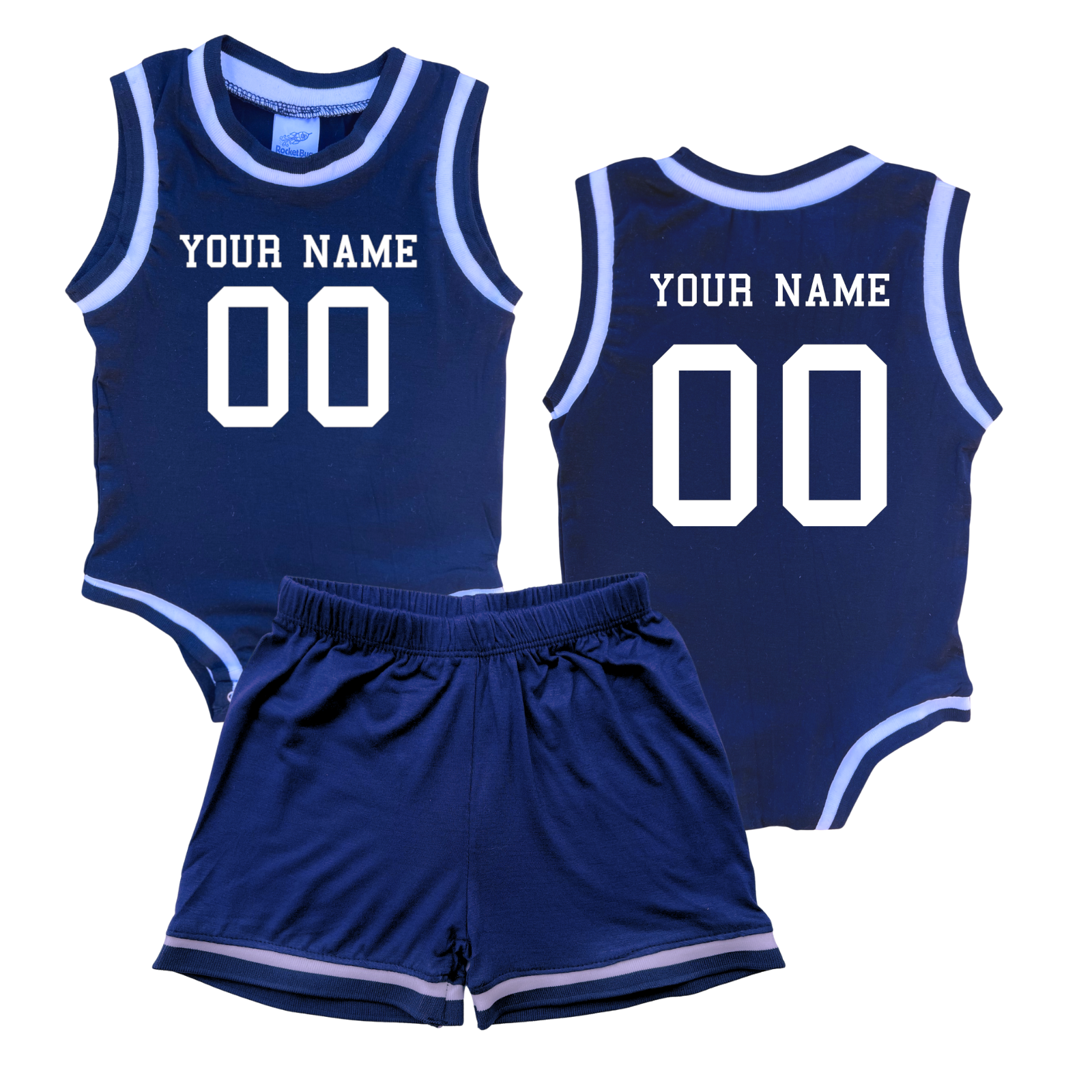 Personalized Basketball Jersey Baby Bodysuit & Matching Shorts with Name & Number on Front & Back Navy No Sweatband Set