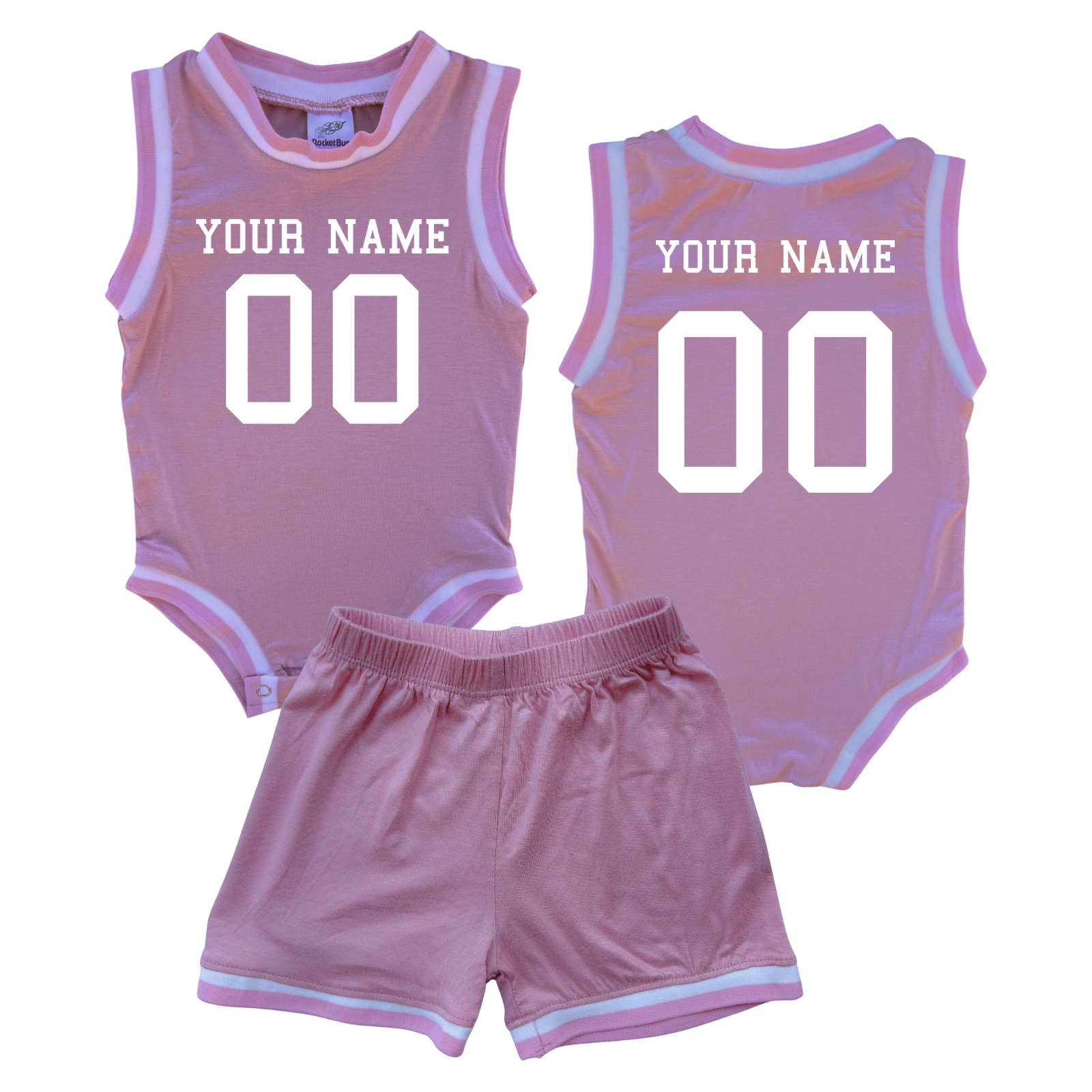 Personalized Basketball Jersey Baby Bodysuit & Matching Shorts with Name & Number on Front & Back Pink No Sweatband Set