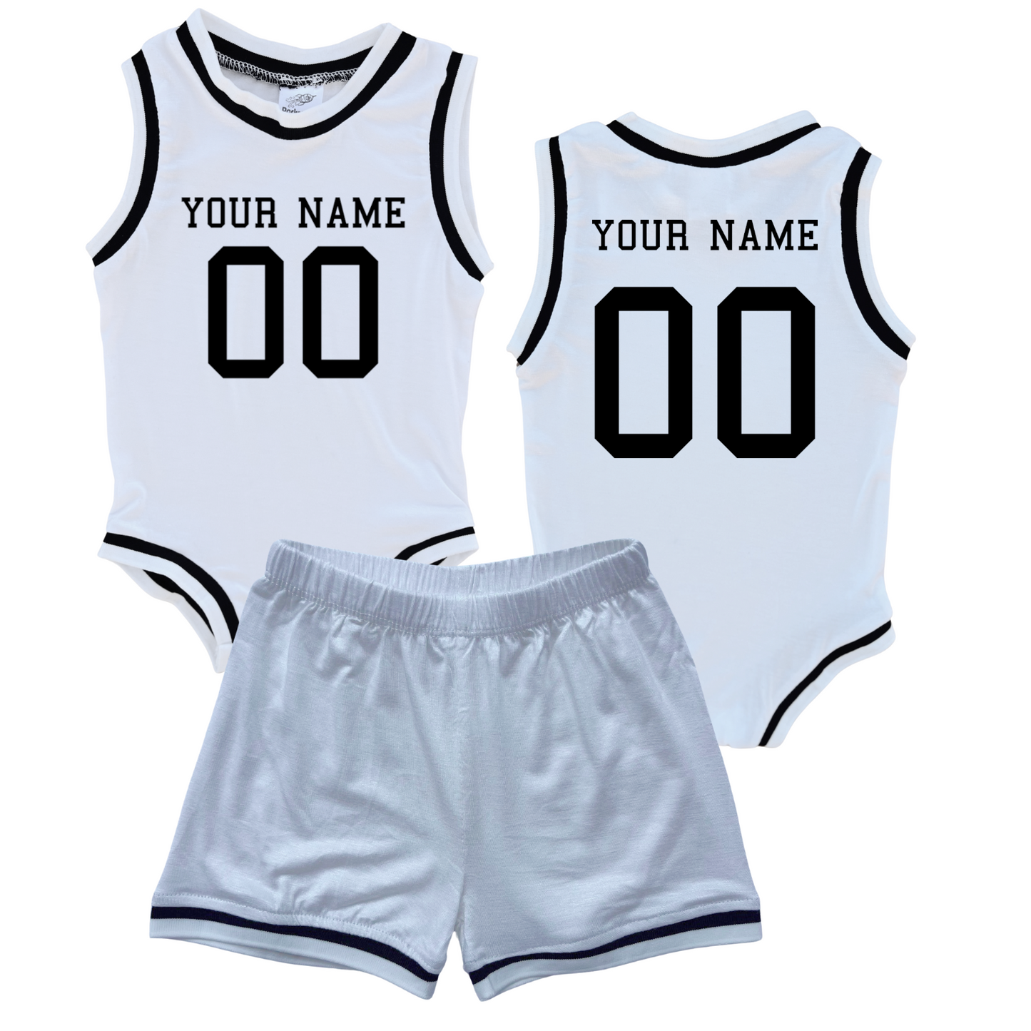 Personalized Basketball Jersey Baby Bodysuit & Matching Shorts with Name & Number on Front & Back White (Black Graphic) No Sweatband Set