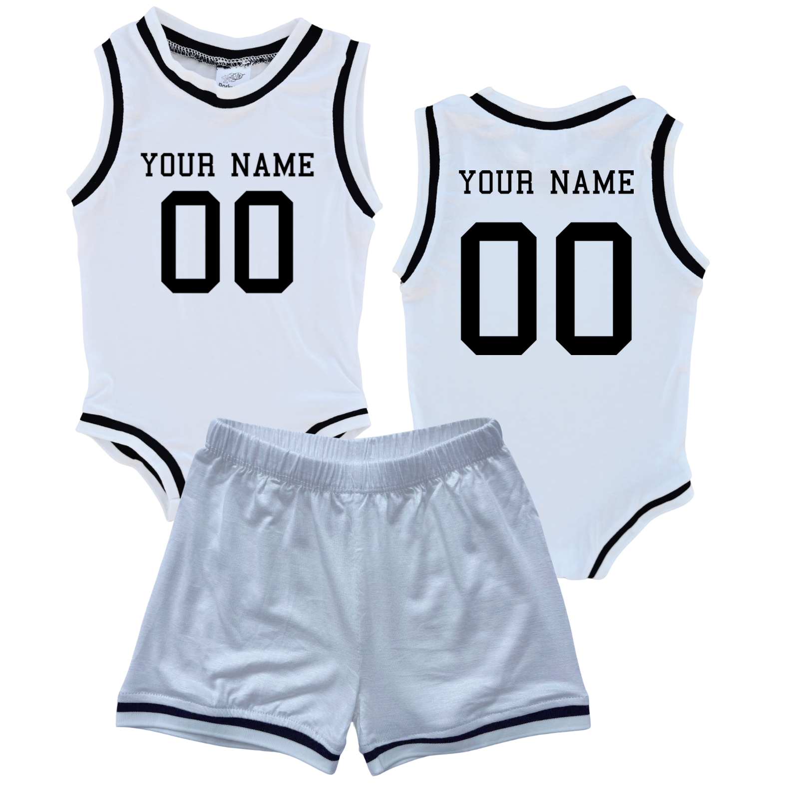 Personalized Basketball Jersey Baby Bodysuit & Matching Shorts with Name & Number on Front & Back White (Black Graphic) No Sweatband Set
