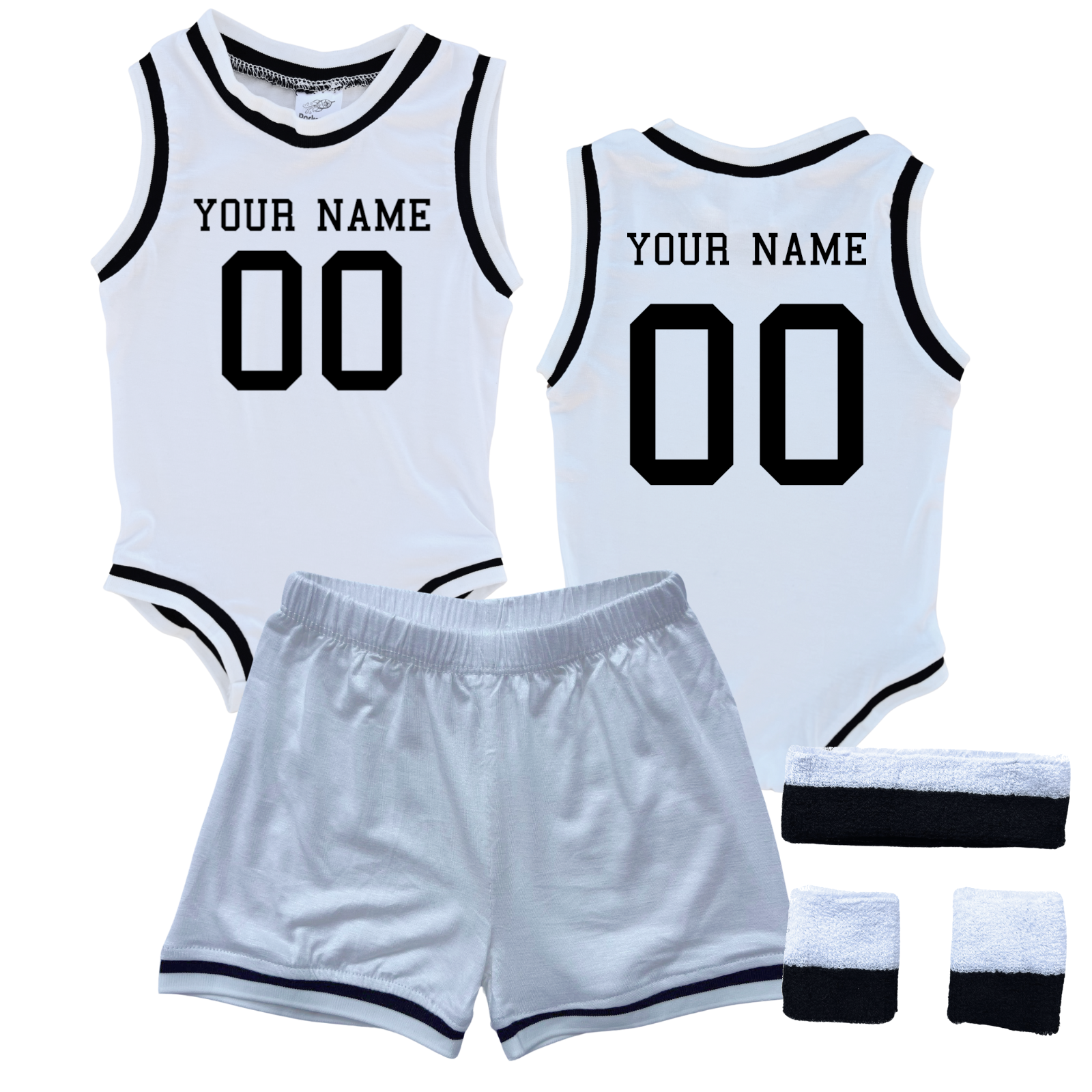 Personalized Basketball Jersey Baby Bodysuit & Matching Shorts with Name & Number on Front & Back White (Black Graphic) Yes Include Sweatband Set