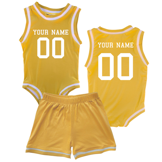 Personalized Basketball Jersey Baby Bodysuit & Matching Shorts with Name & Number on Front & Back Gold No Sweatband Set