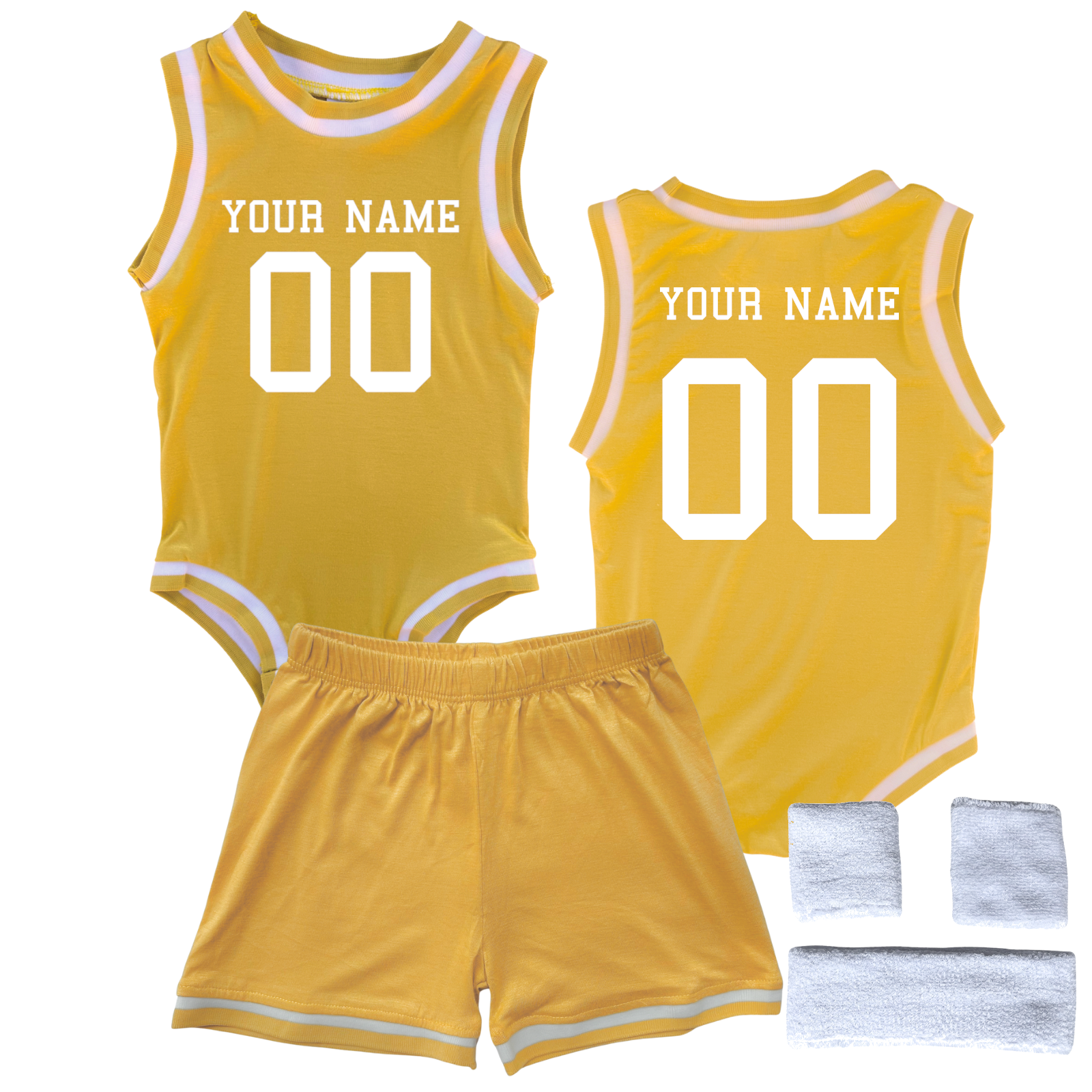 Personalized Basketball Jersey Baby Bodysuit & Matching Shorts with Name & Number on Front & Back Gold Yes Include Sweatband Set