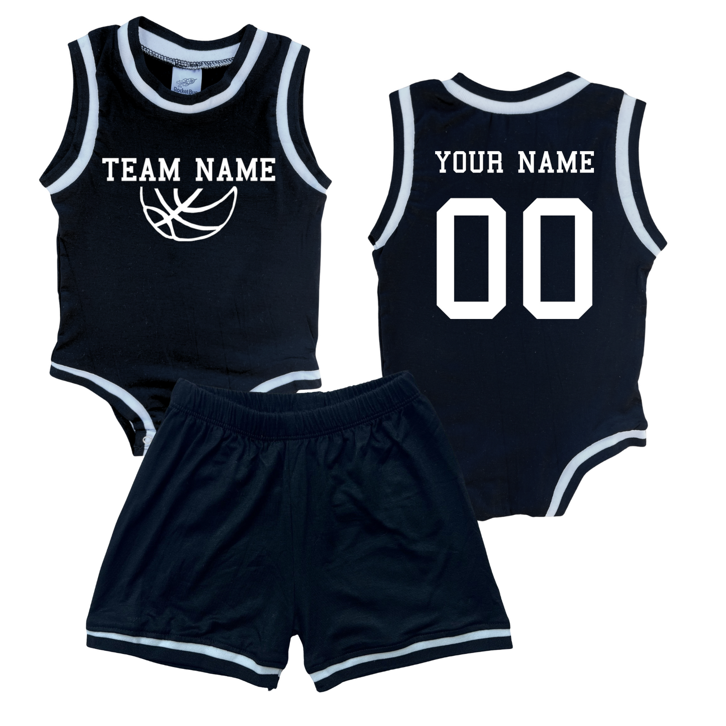 Personalized TEAM Basketball Jersey Baby Bodysuit & Matching Shorts with Name, Number & Team Black No Sweatband Set