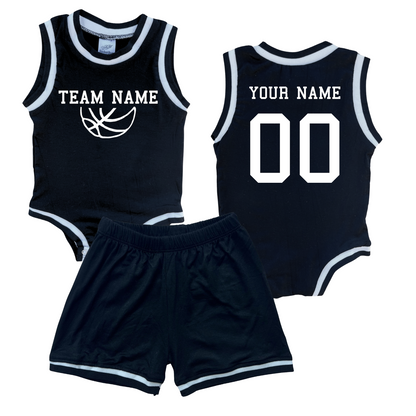 Personalized TEAM Basketball Jersey Baby Bodysuit & Matching Shorts with Name, Number & Team Black No Sweatband Set