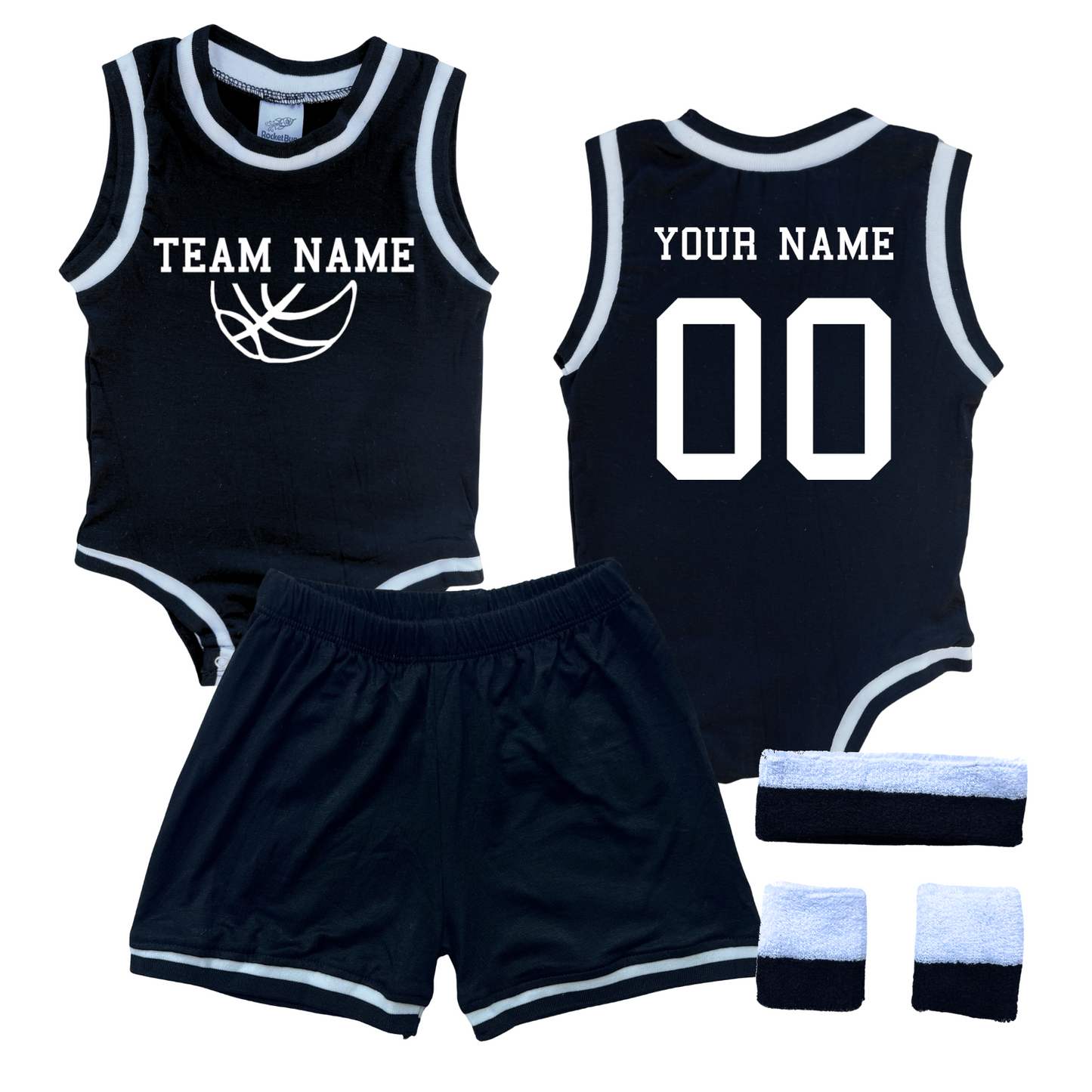 Personalized TEAM Basketball Jersey Baby Bodysuit & Matching Shorts with Name, Number & Team Black Yes Include Sweatband Set