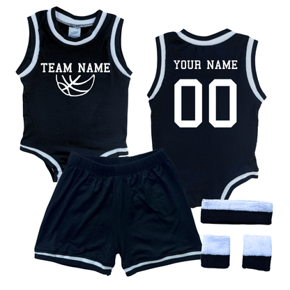 Personalized TEAM Basketball Jersey Baby Bodysuit & Matching Shorts with Name, Number & Team Black Yes Include Sweatband Set