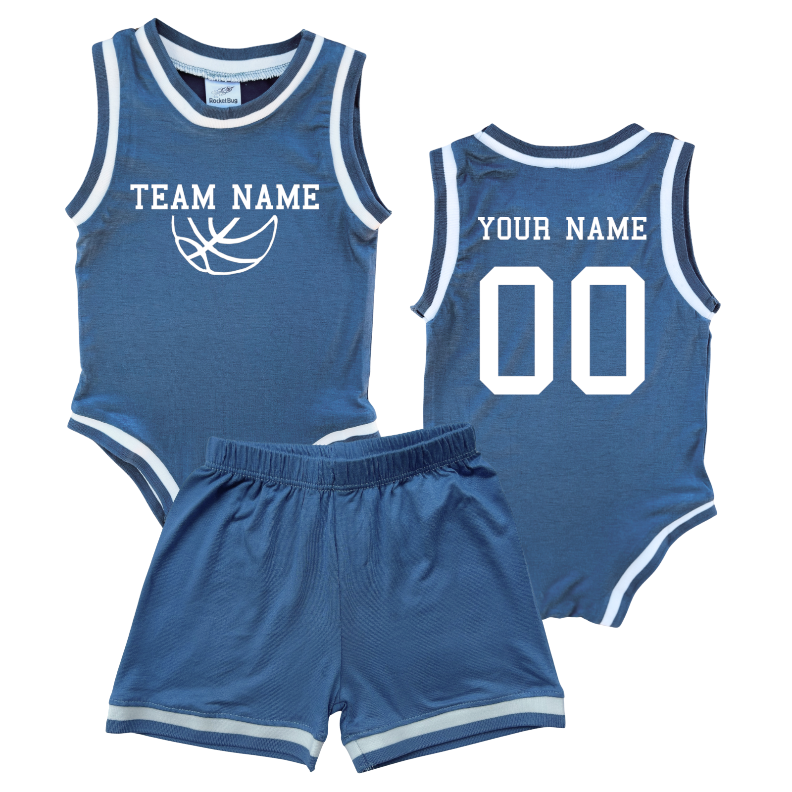 Personalized TEAM Basketball Jersey Baby Bodysuit & Matching Shorts with Name, Number & Team Blue No Sweatband Set