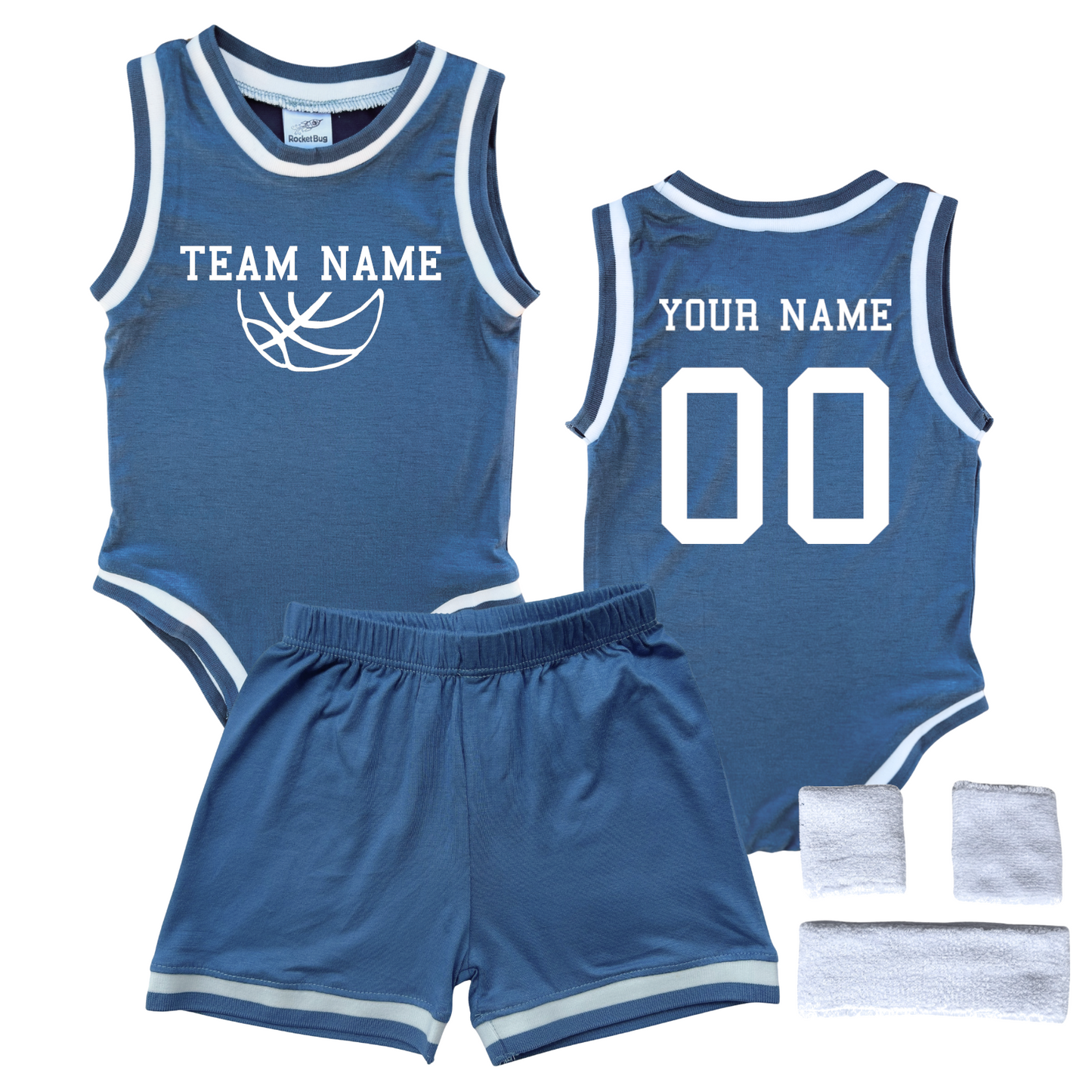 Personalized TEAM Basketball Jersey Baby Bodysuit & Matching Shorts with Name, Number & Team Blue Yes Include Sweatband Set