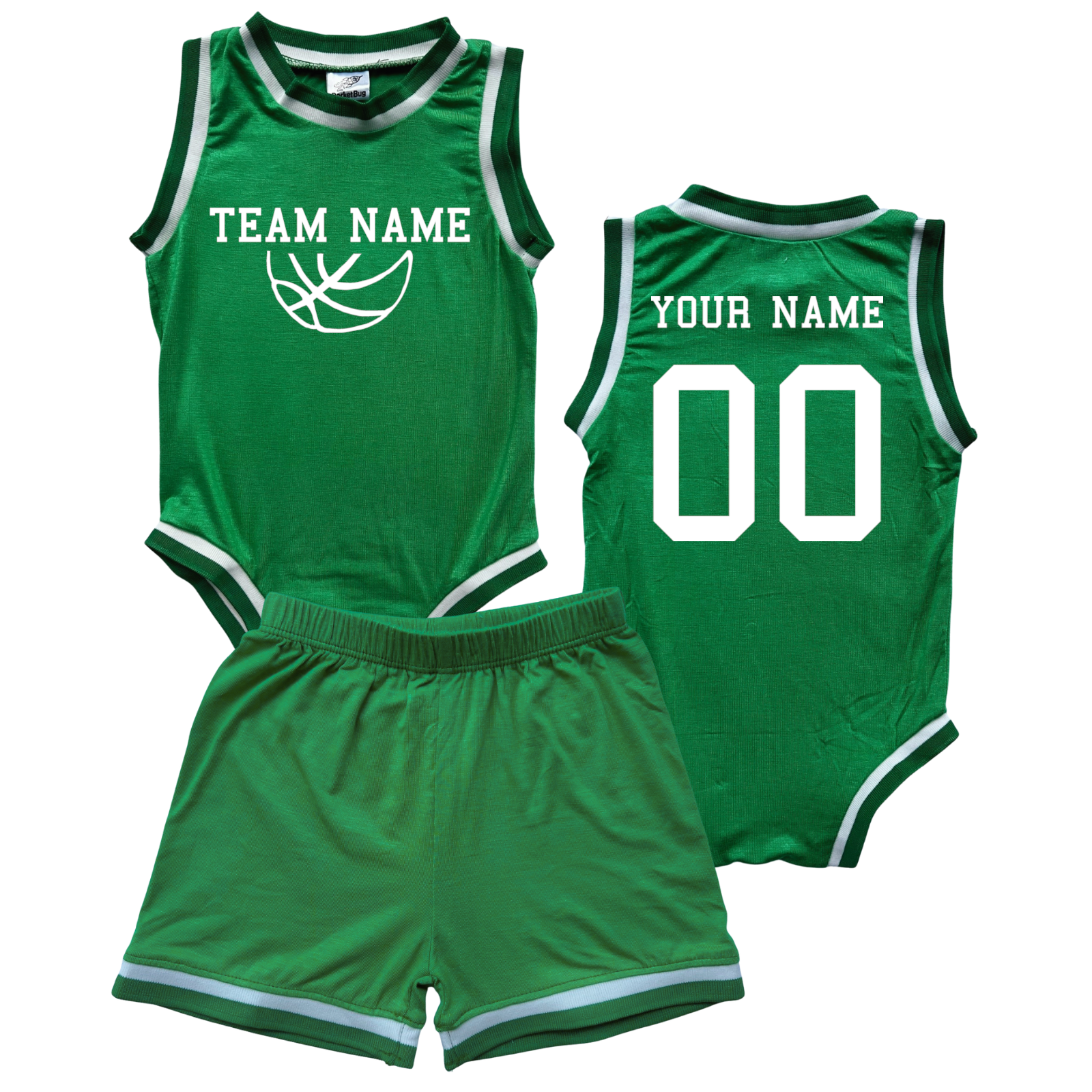 Personalized TEAM Basketball Jersey Baby Bodysuit & Matching Shorts with Name, Number & Team Green No Sweatband Set