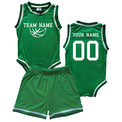 Personalized TEAM Basketball Jersey Baby Bodysuit & Matching Shorts with Name, Number & Team Green No Sweatband Set