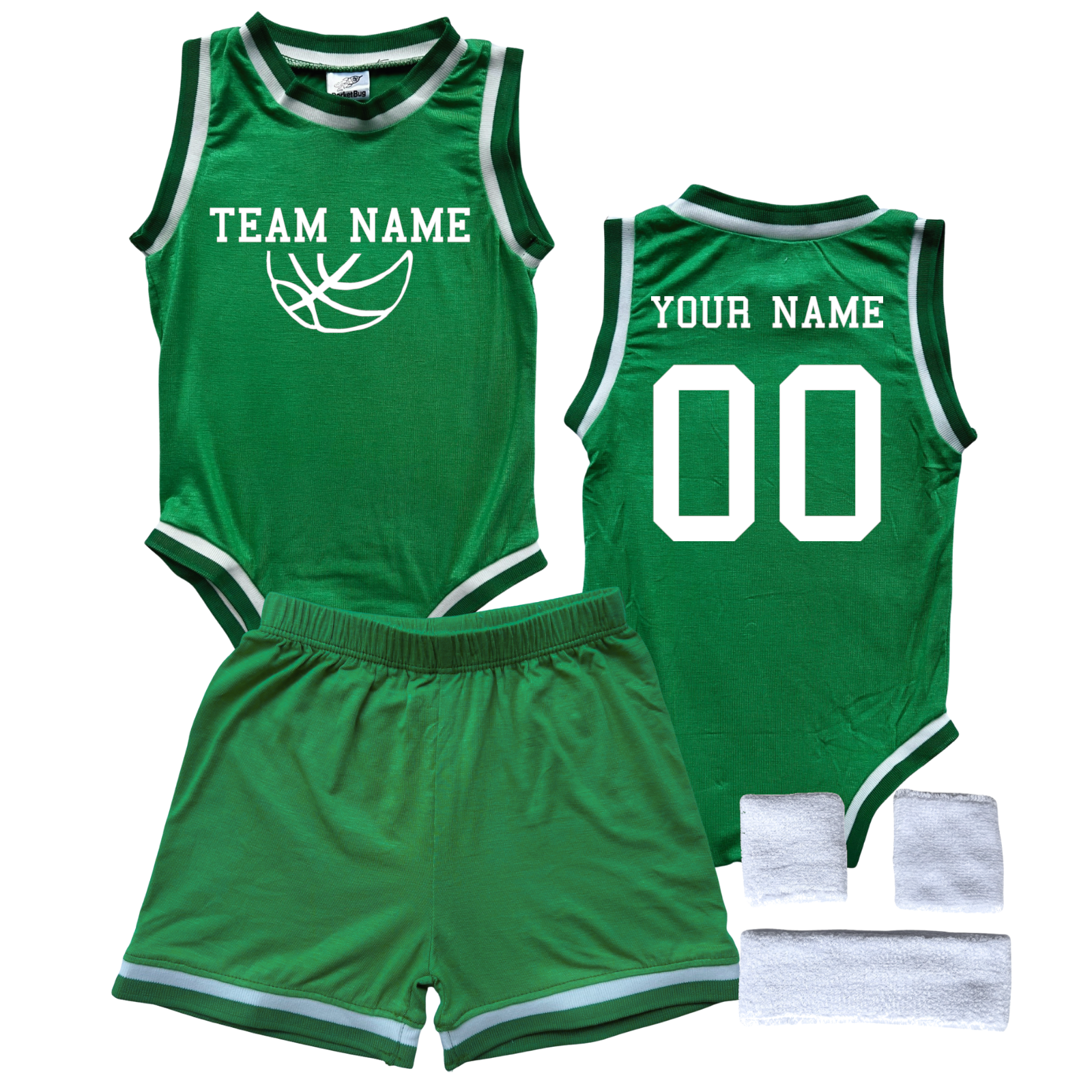 Personalized TEAM Basketball Jersey Baby Bodysuit & Matching Shorts with Name, Number & Team Green Yes Include Sweatband Set