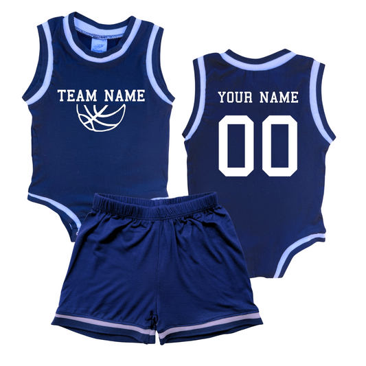 Personalized TEAM Basketball Jersey Baby Bodysuit & Matching Shorts with Name, Number & Team Navy No Sweatband Set