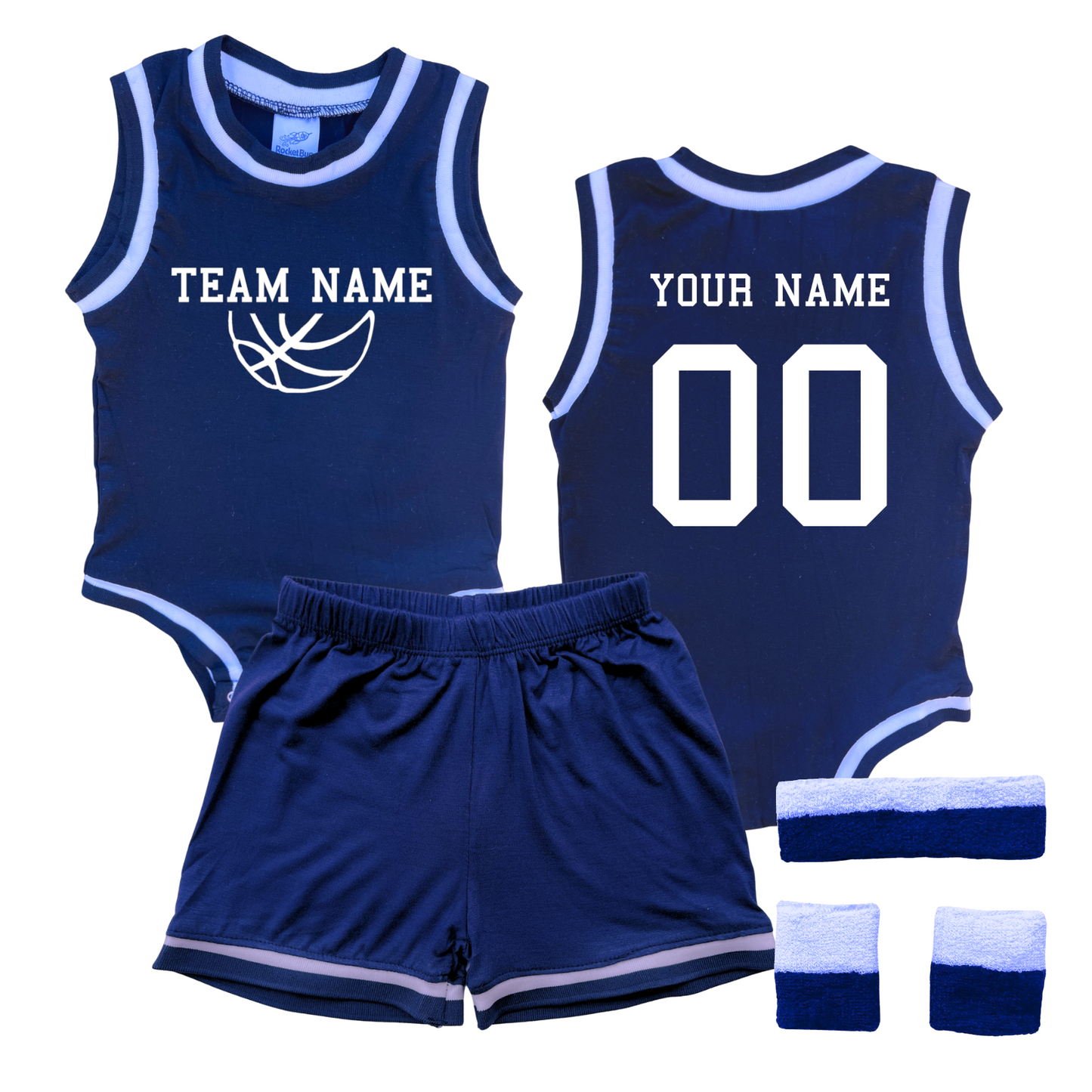 Personalized TEAM Basketball Jersey Baby Bodysuit & Matching Shorts with Name, Number & Team Navy Yes Include Sweatband Set