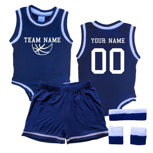Personalized TEAM Basketball Jersey Baby Bodysuit & Matching Shorts with Name, Number & Team Navy Yes Include Sweatband Set